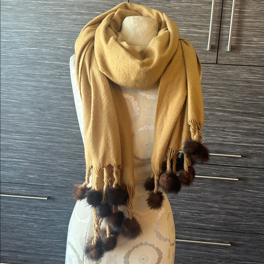 Cozy Tan Wrap Scarf with Genuine Mink Pom Trim